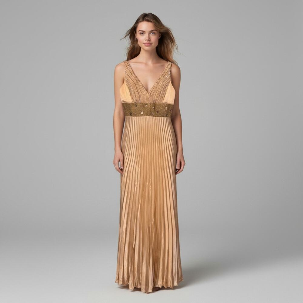 Vtg 90s Dave & Johnny Laura Ryner Gown 5/6 Gold Pleated Beaded Glam Eveningwear